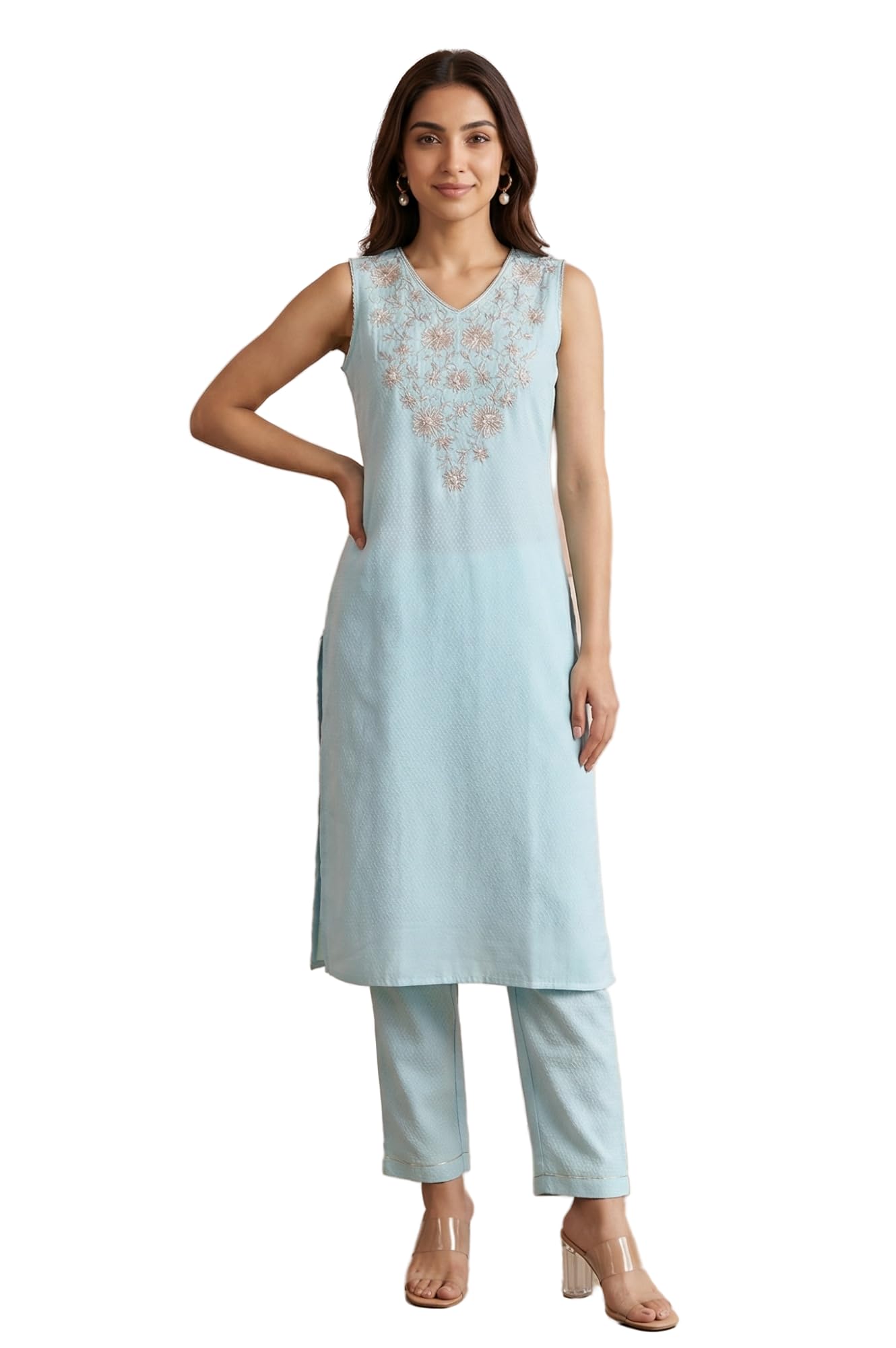 Aurelia WomenS Light Blue Zari Embroidered Straight Kurta With Trousers Co-Ord Set - (Astb16393-609242-Xxl)