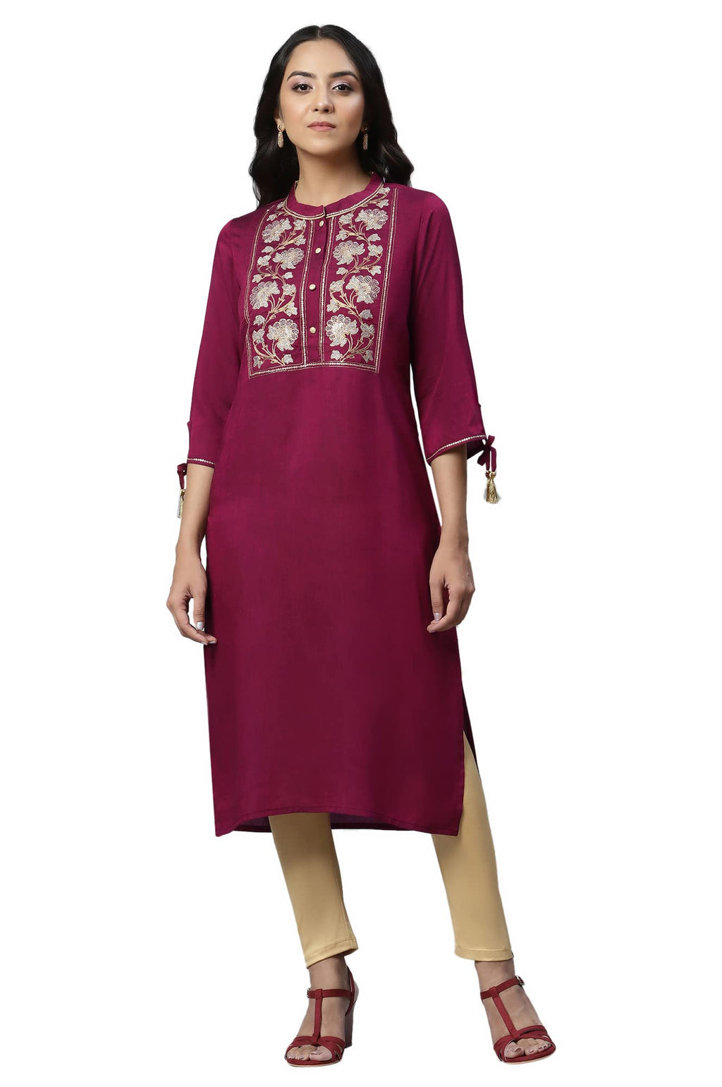 Aurelia Women'S Viscose Fuschia Solid Band Collar Straight Kurta_22Aua13476-702839_L