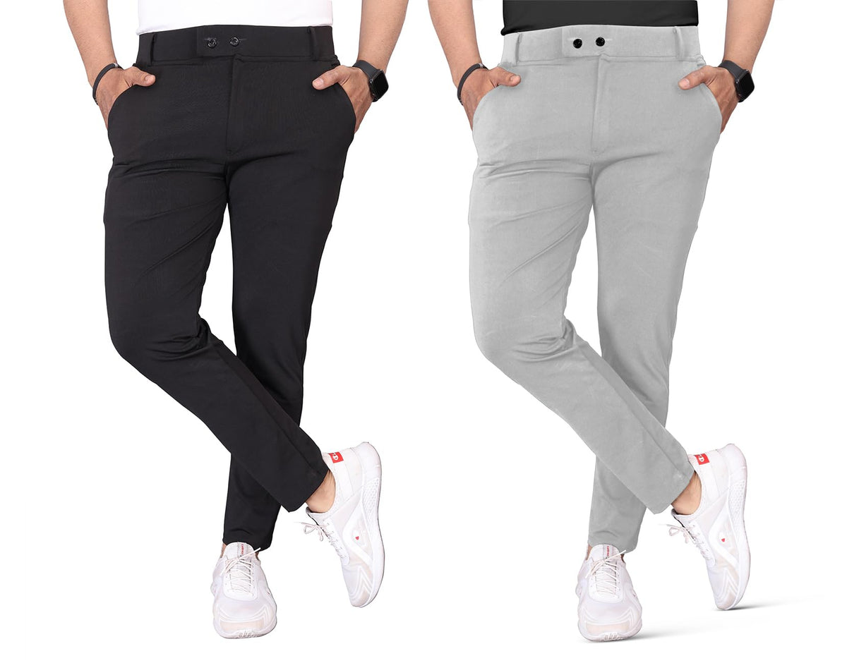 Mehrang MenS Slim Fit Casual Trousers, Cotton Blend, Side Pockets (Pack Of 2) (In, Numeric, 32, Regular, Black || Lightgrey) 32