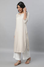Aurelia Beige Solid Straight Long Kurta With Lace