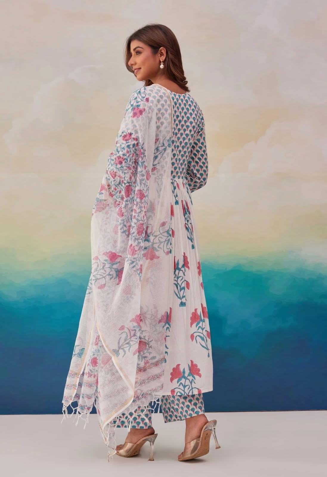 ANNI DESIGNER Womens Rayon Blend Printed Anarkali Kurta with Pant & Dupatta (Betul Pink_S_Pink_Small)
