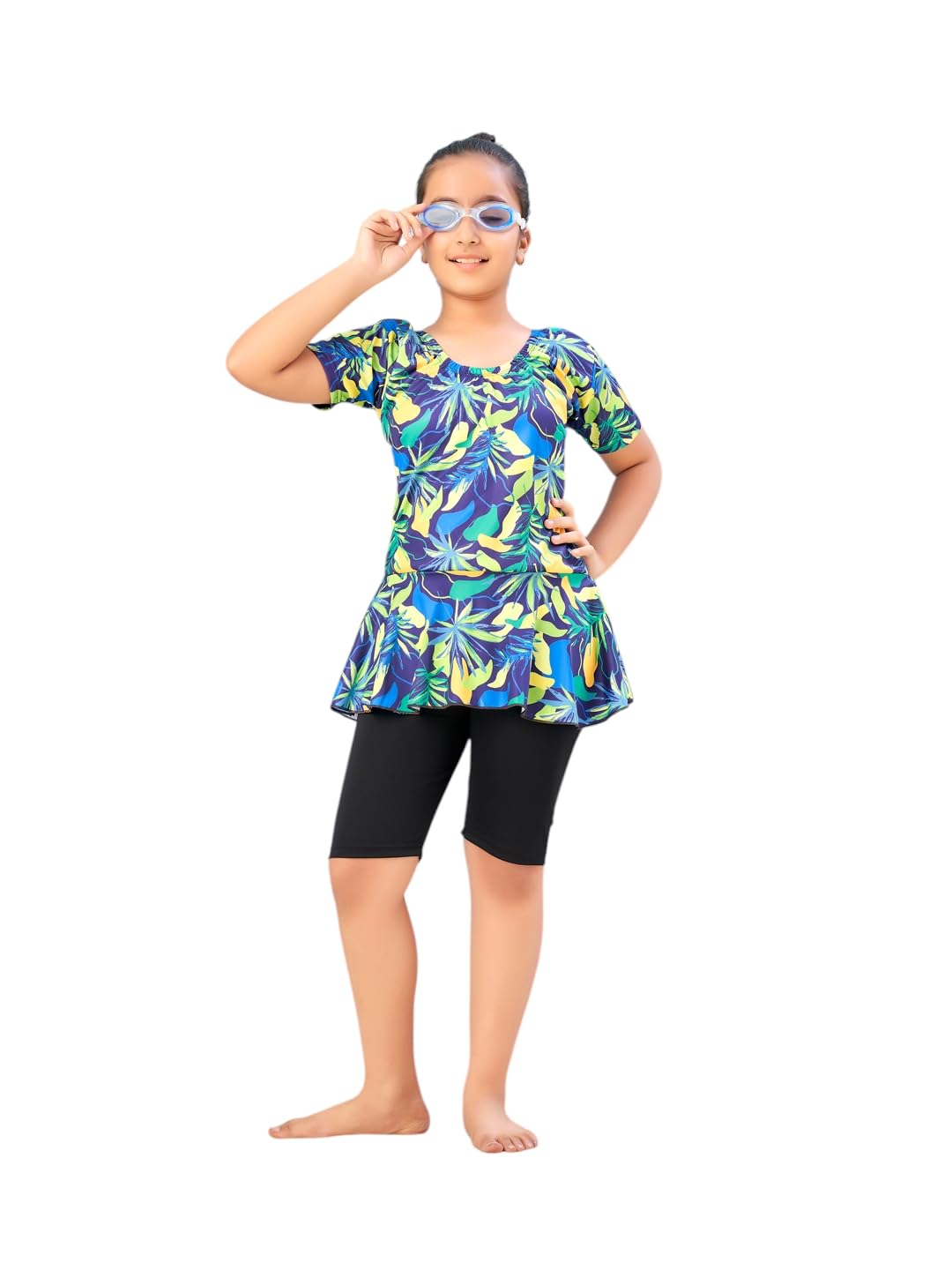Aarika Girls Sports Wear Yellow Black Colour Floral Print Nylon Swim Suit (5-15 Years)-(SW-SHM-CA-1114)