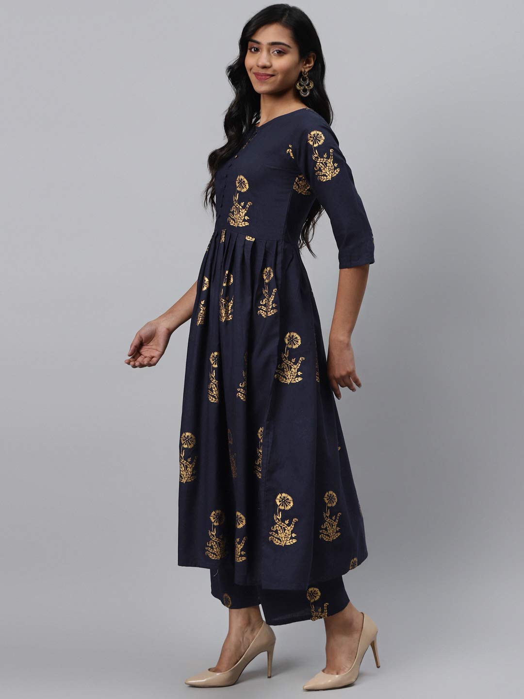 Gosriki WomenS Navy Blue & Golden Floral Printed Kurta With Palazzos