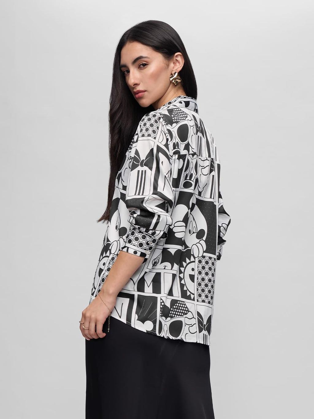 The Souled Store Official Mickey Mouse: Checkered Charm Women and Girls Long Sleeve Collared Neck All Over Print Button Front Re