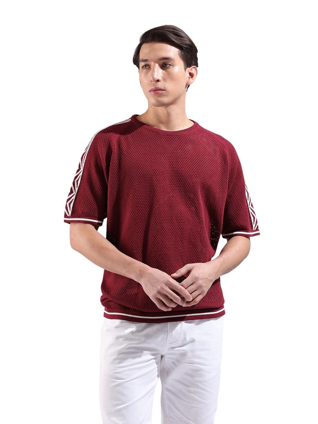 The Indian Garage Co Mens Oversized Solid Flatknit Half Sleeves Crew Neck Sweater