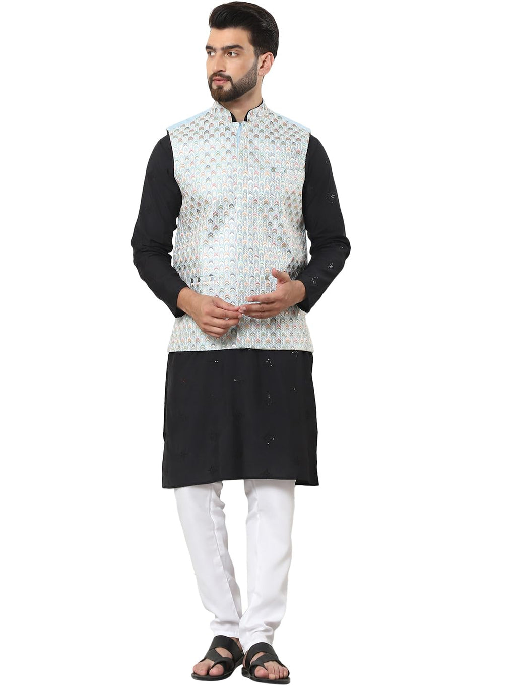 SOJANYA (Since 1958 Mens Cotton Silk Black Kurta and White Pyjama with Designer Sky Blue Nehru Jacket