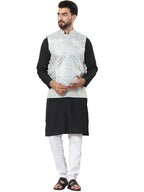 SOJANYA (Since 1958 Mens Cotton Silk Black Kurta and White Pyjama with Designer Sky Blue Nehru Jacket