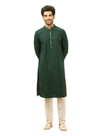 Manyavar Mens Green Art Silk Self Design Kurta Pyjama Set