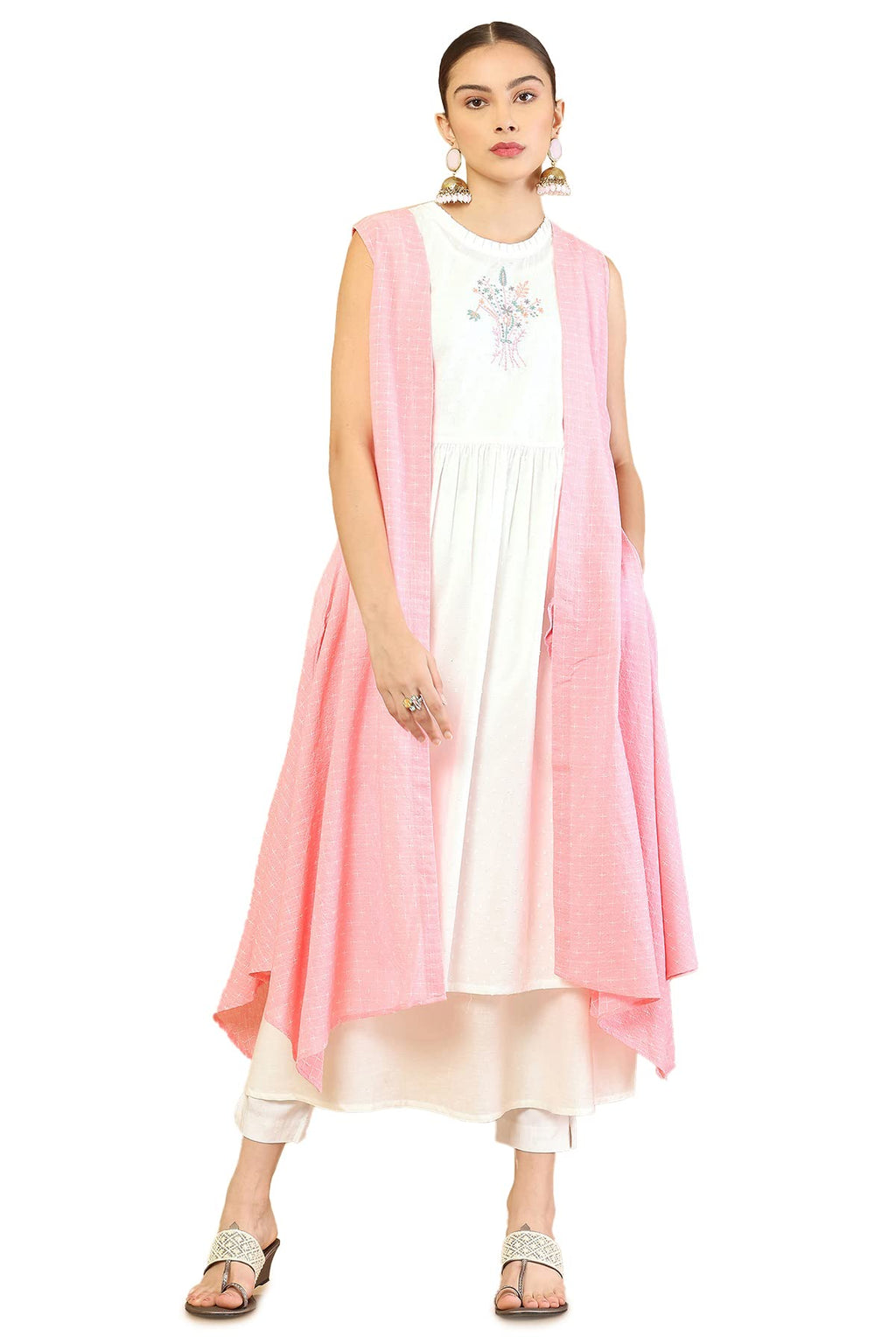 Pink Cotton Layered Jacket Style Kurta