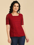 Gufrina WomenS Georgette Top With 3/4Th Sleeves Square Neck Embroidery Work Solid Pattern Regular Fit And Standard Length