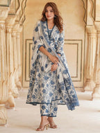 Pinkmint Women Cotton Blend Floral Printed Kurta with Pant & Dupatta