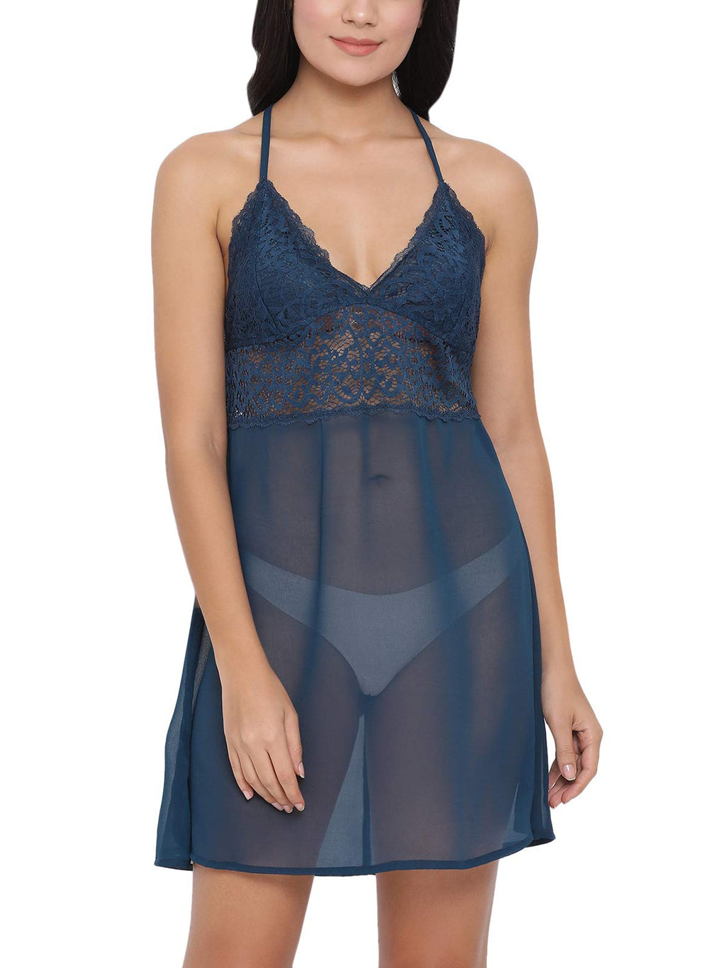 Clovia Womens Net Solid Knee Length Babydoll (NS1273P08S_Blue_S_Blue_S)