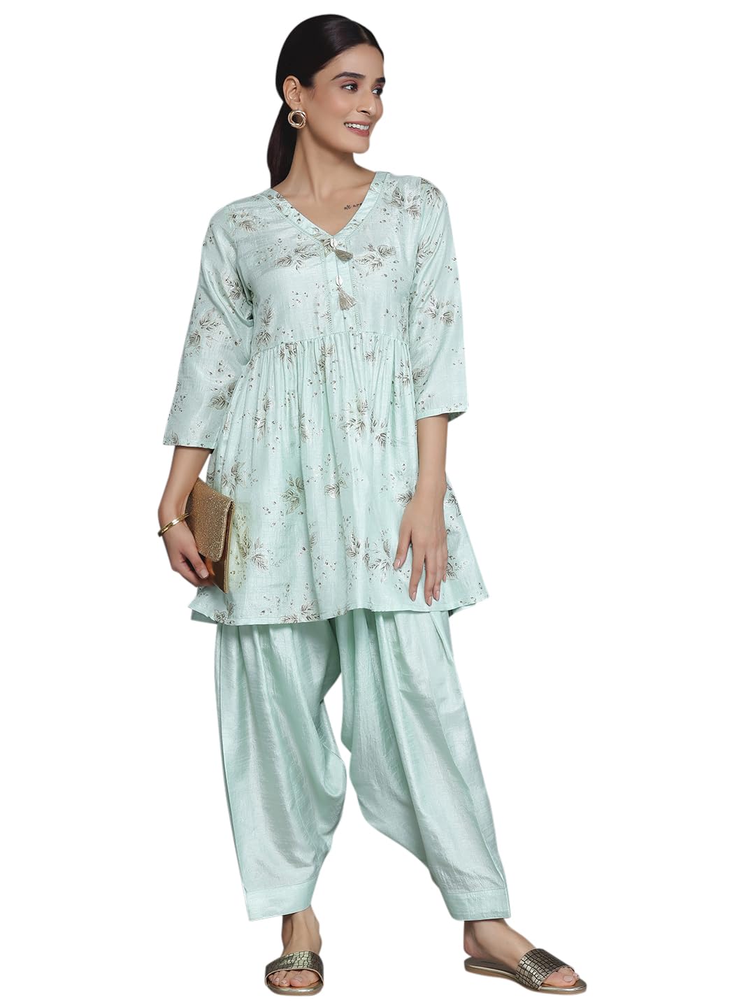 Libas Womens Printed Silk Blend A-Line Kurta With Salwar