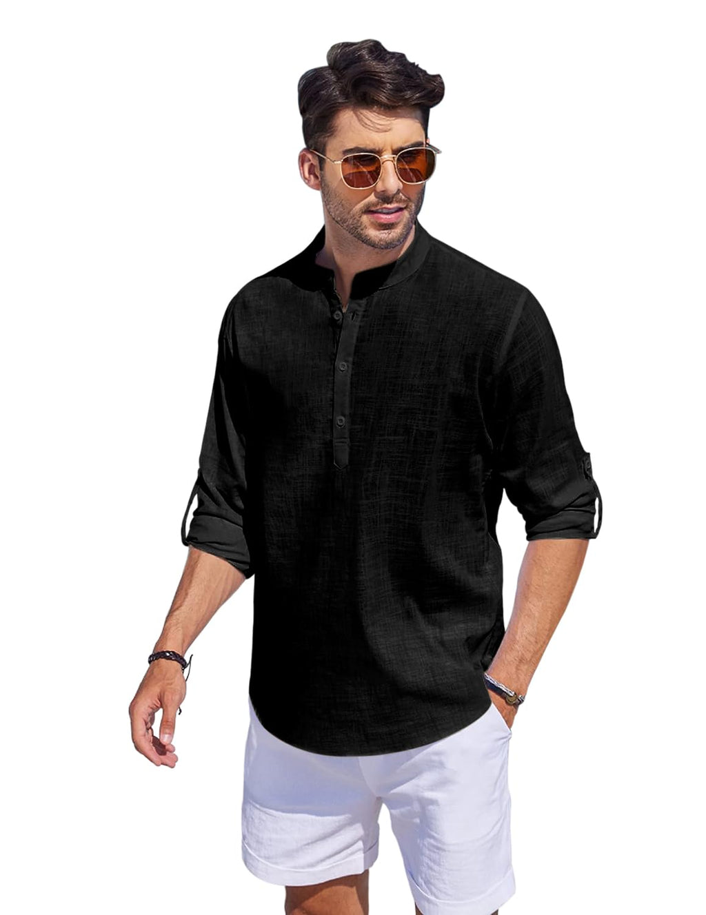 Hemrin Men Solid Cotton Blend Straight Kurta Shirt Black