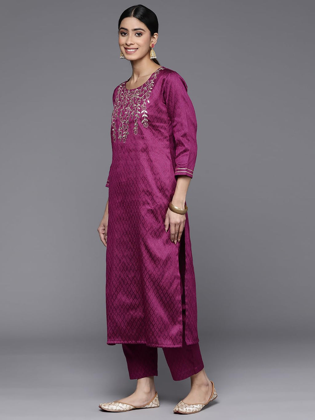 Varanga Women Purple Yoke Embroidered Straight Kurta Paired With Tonal Bottom And Bhagalpuri Printed Dupatta