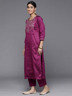 Varanga Women Purple Yoke Embroidered Straight Kurta Paired With Tonal Bottom And Bhagalpuri Printed Dupatta