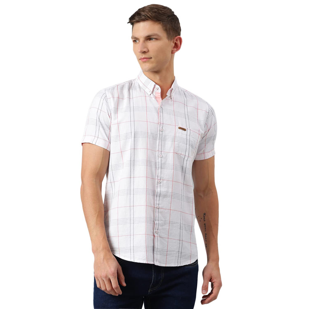 Thomas Scott Mens Checkered Slim Fit 100% Cotton Casual Shirt with Button Down Collar and Half Sleeve White