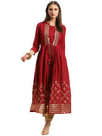Rangita Maroon Rayon Calf Length Printed Double Layered Kurti For Women | Kurta For Women_S