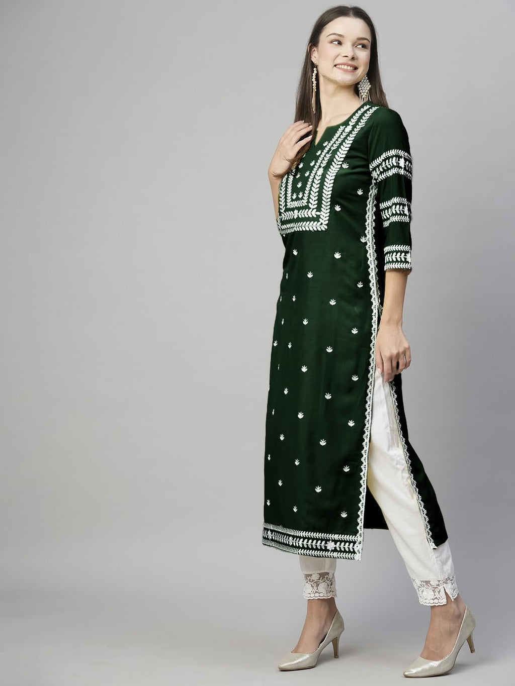 Anni Designer WomenS Cotton Blend Chikankari Embroidered Straight Kurta (Stho-Dark Green_S_Dark Green_Small)