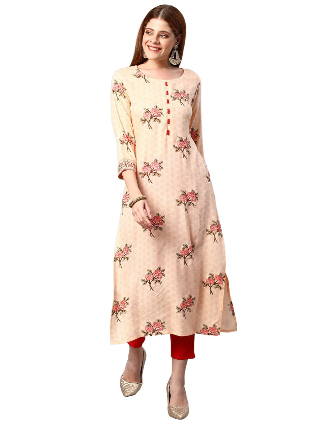 Gosriki Women'S Cotton Blend Traditional Straight Printed Kurta And Pant Set (Amd 22-Cream_Xxl-Gs_Cream_Xx-Large)