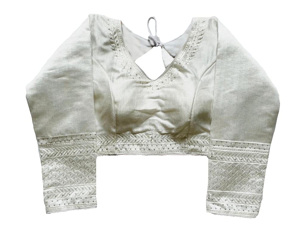Pujia Mills Milan Silk Full Sleeve V Neck Multi Embroidery Trendy Saree Blouse(Rukmini White 42)