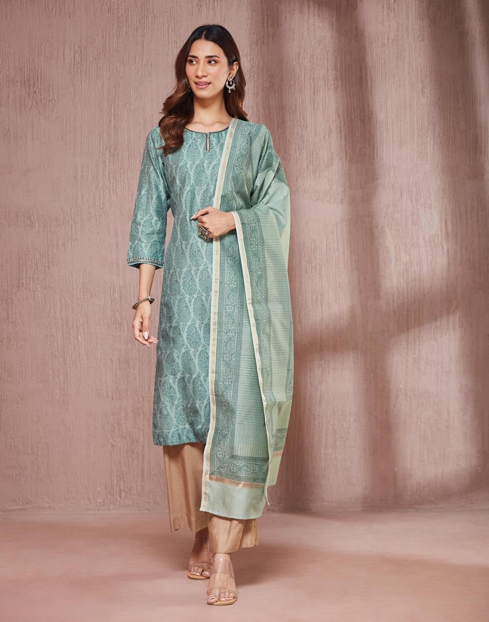 Fabindia Women'S Cotton Silk Printed Regular Kurta Set