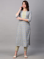 Gosriki Women'S Cotton Blend Printed Straight Kurta With Pant (Mikaa Grey-Nw-Gs)
