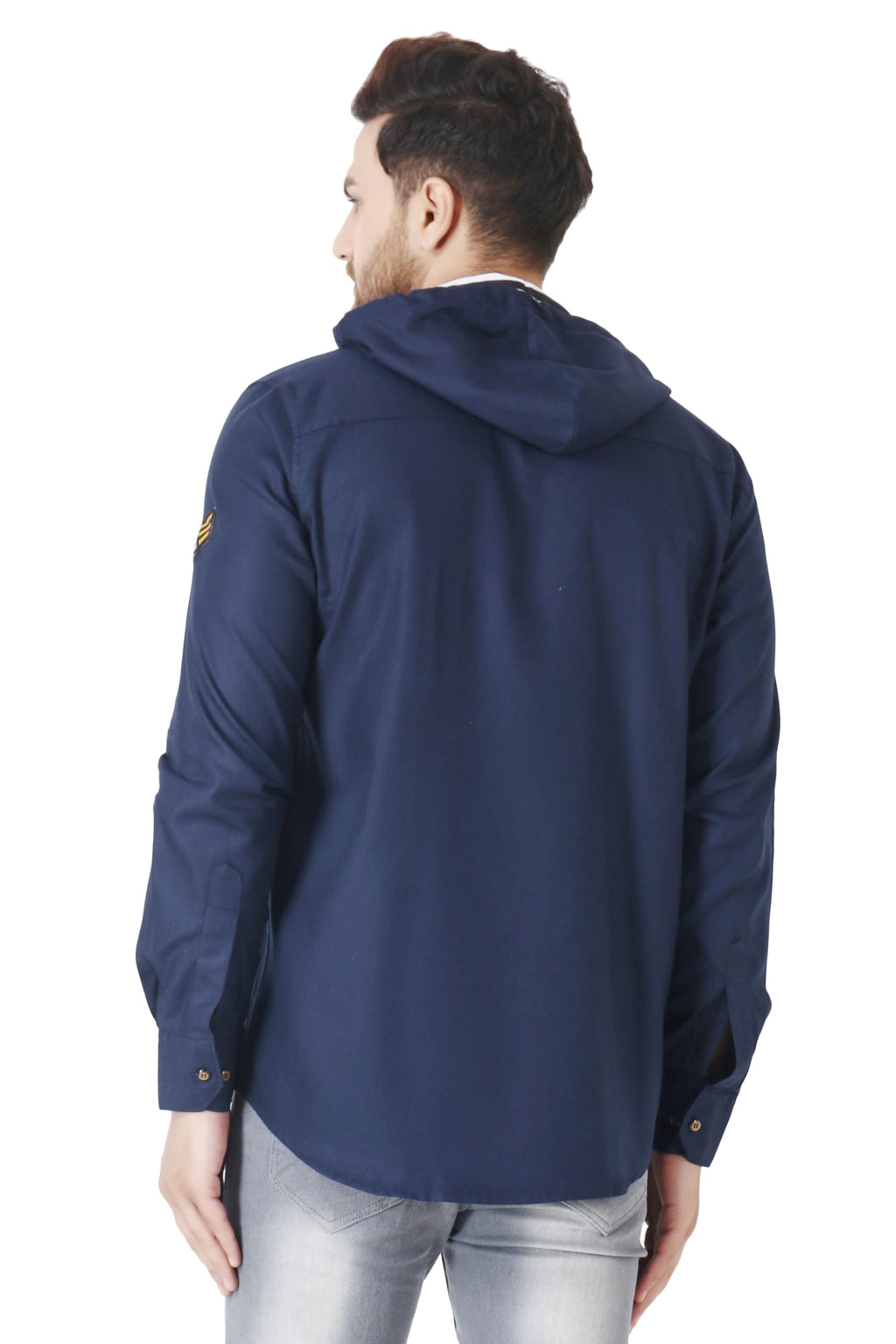 Besix MenS Blue Tailored Fit Cotton Blend Shirt For Man With Hoodie - Casual Long Sleeve Shirt With Pockets - Patch Detail For