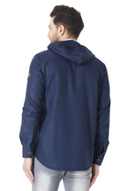 Besix MenS Blue Tailored Fit Cotton Blend Shirt For Man With Hoodie - Casual Long Sleeve Shirt With Pockets - Patch Detail For