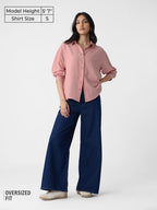 The Souled Store Textured Shirt: Rose Pink Women and Girls Long Sleeves Collared Neck Button Front Viscose Blend Boyfriend Shirt