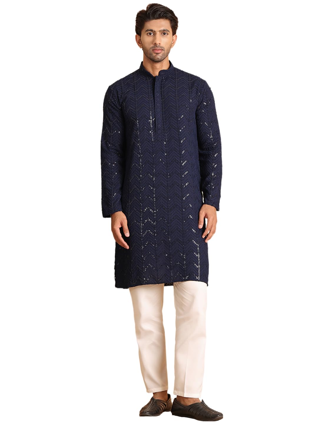 Jompers Mens Embroidered Sequined Viscose Straight Kurta Pyjama Set