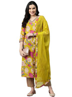 ANNI DESIGNER Womens Rayon Blend Printed Straight Kurta with Pant & Dupatta (Ganita Mustrad-VKS04_L_Mustard_Large)
