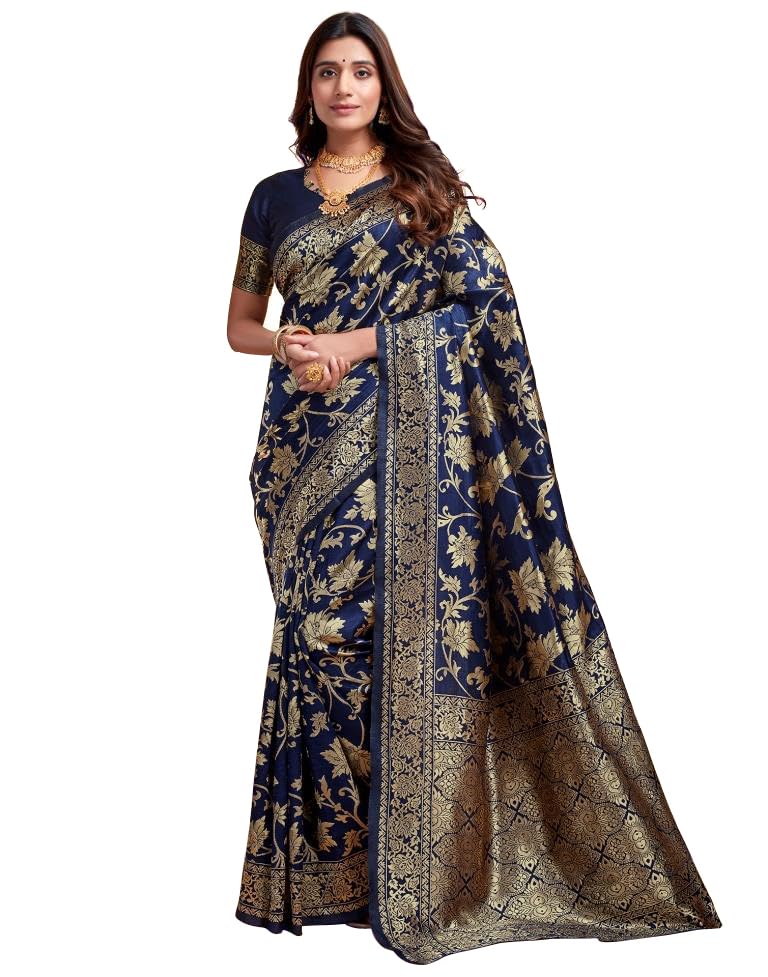 Sugathari Womens Pure Kanjivaram Silk Saree Banarasi Silk Saree With Blouse Piece (SAM PARI S-7) (Navy Blue)