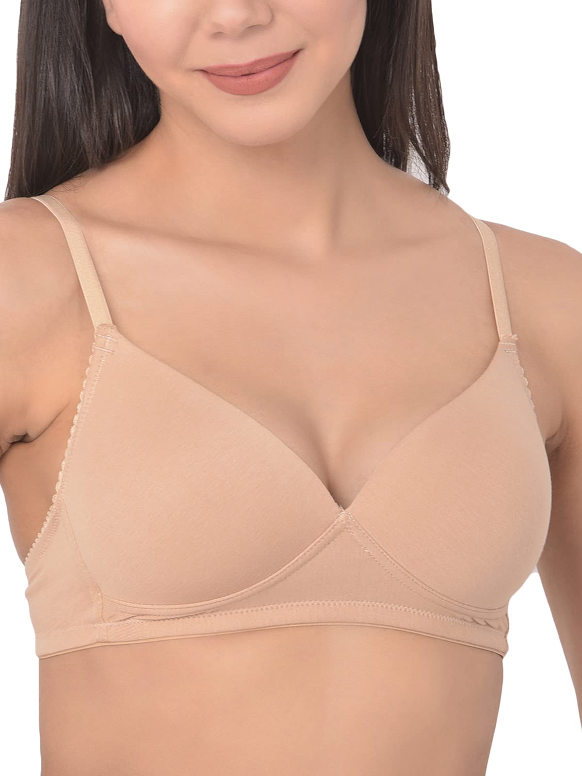 Clovia Womens Polyamide Padded Non Wired Demi Cup T-Shirt Bra with Plunge Neckline (BR2235P24_Beige_38B)