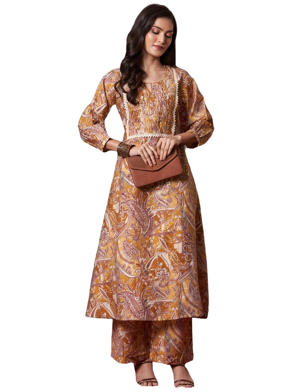 ANNI DESIGNER Womens Rayon Blend Straight Printed Kurta with Pant (Marco Yellow_L_Yellow_Large)