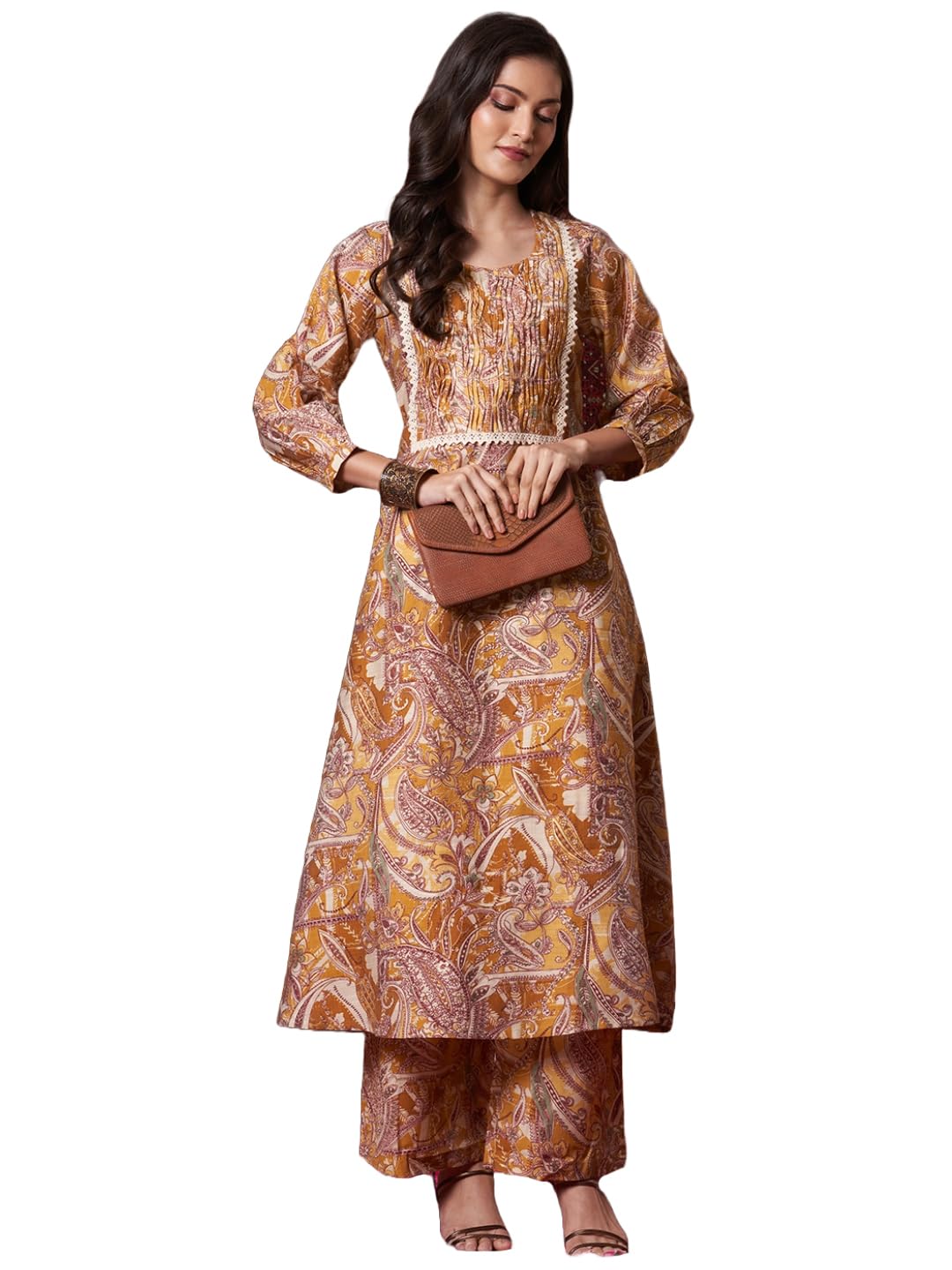 ANNI DESIGNER Womens Rayon Blend Straight Printed Kurta with Pant (Marco Yellow_L_Yellow_Large)
