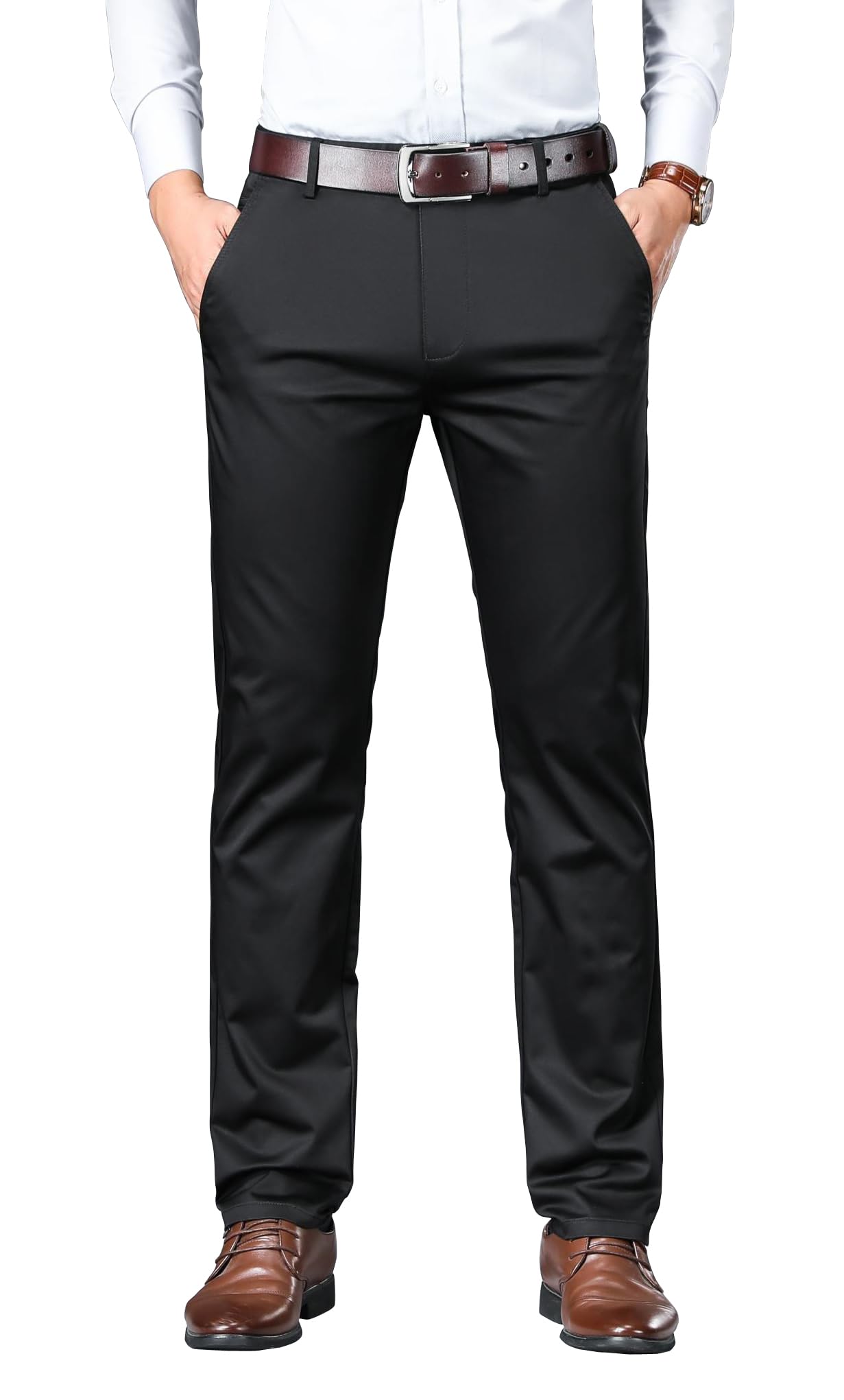 AVANOVA Mens Solid Black Trousers Light Business Style Slightly Stretch Straight Leg Pants for Outdoor Casual Daily Trouser II 