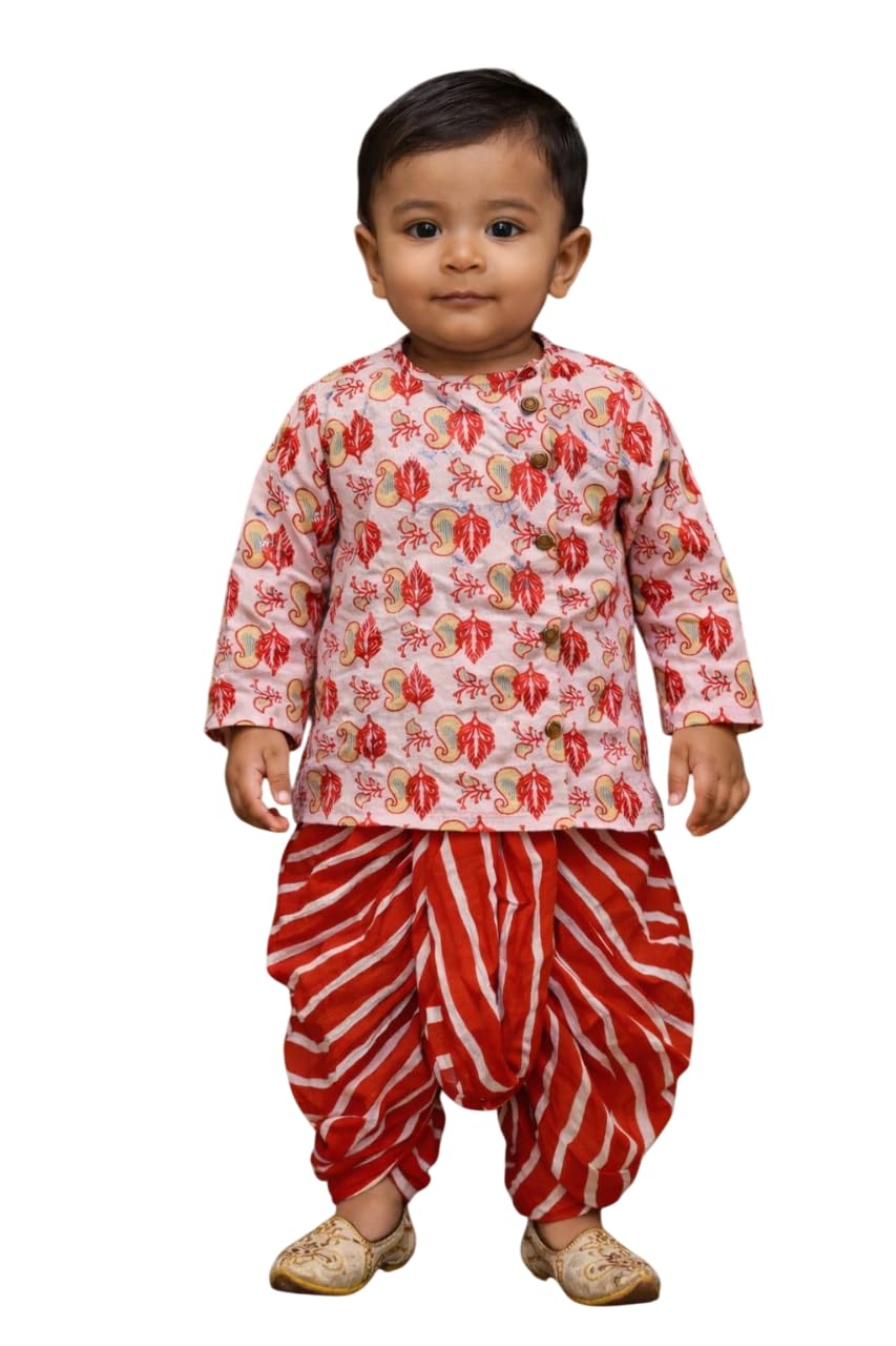Pspeaches Boys Cotton Full Sleeve Round Neck Booti Print Kurta With Dhoti Pant 2 Piece Set|Ethnic Wear For Baby Boys|Traditional 18-24