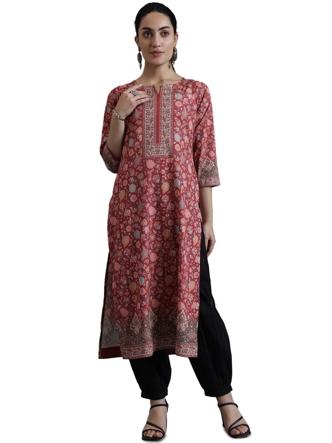 Libas Womens Printed Crepe Straight Kurta For Women Rust