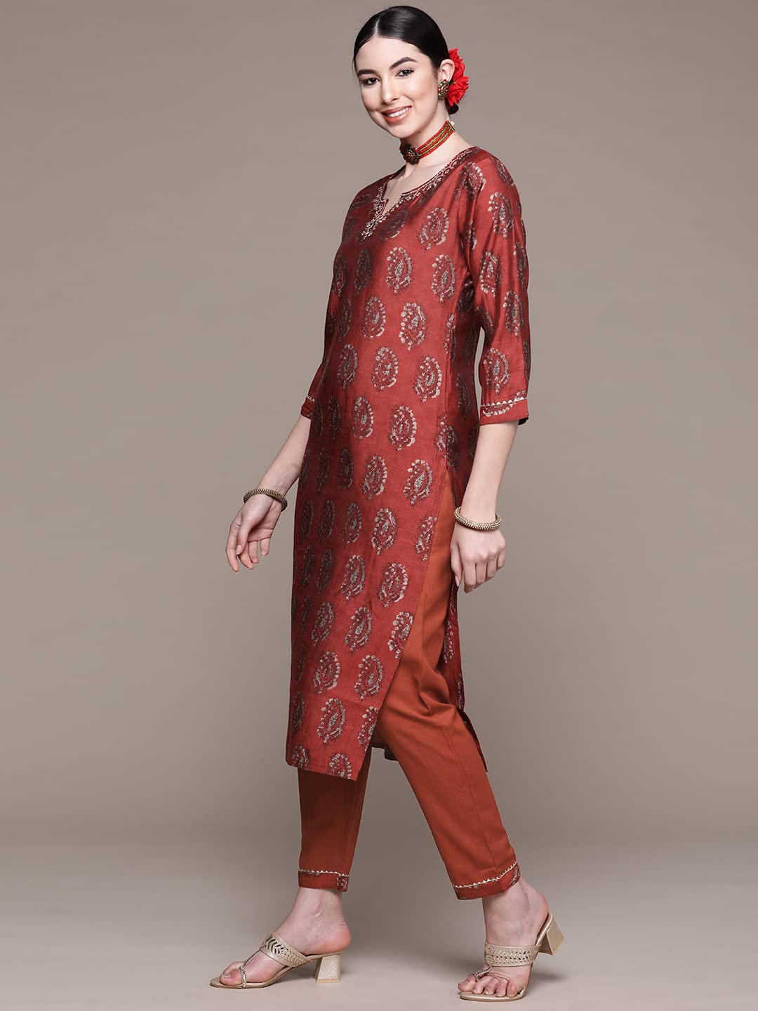 Anubhutee Women'S Cotton Maroon Ethnic Motifs Printed Straight Kurta Suit Set With Pants And Dupatta