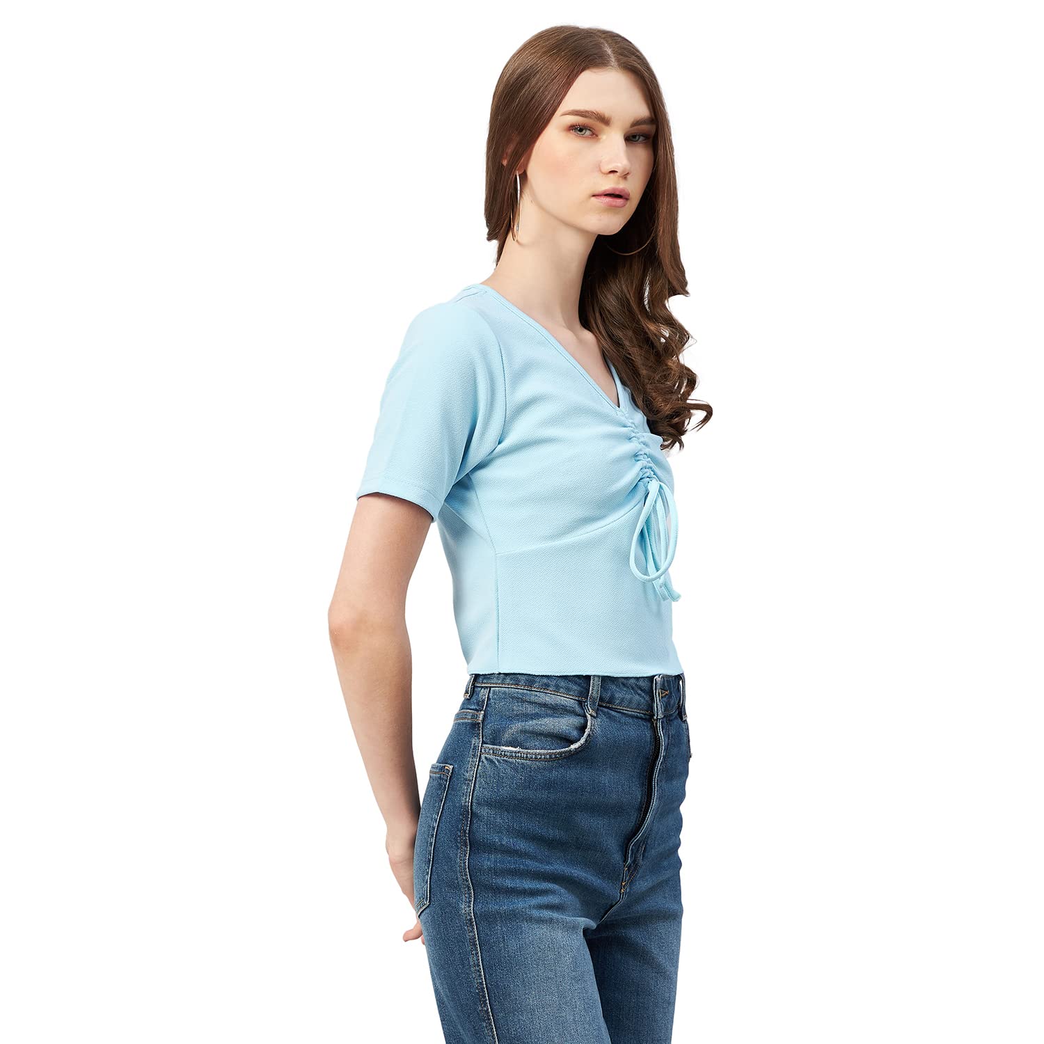 Rare Women Casual SkyBlue Colour V-Neck Solid Regular Top