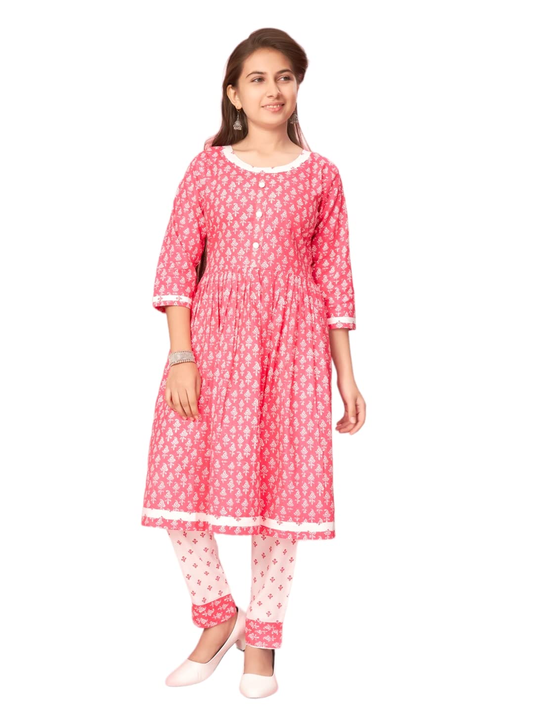Aarika Girl'S Cotton Kurti Pant Set (New_Kp-K-481_Pink-White