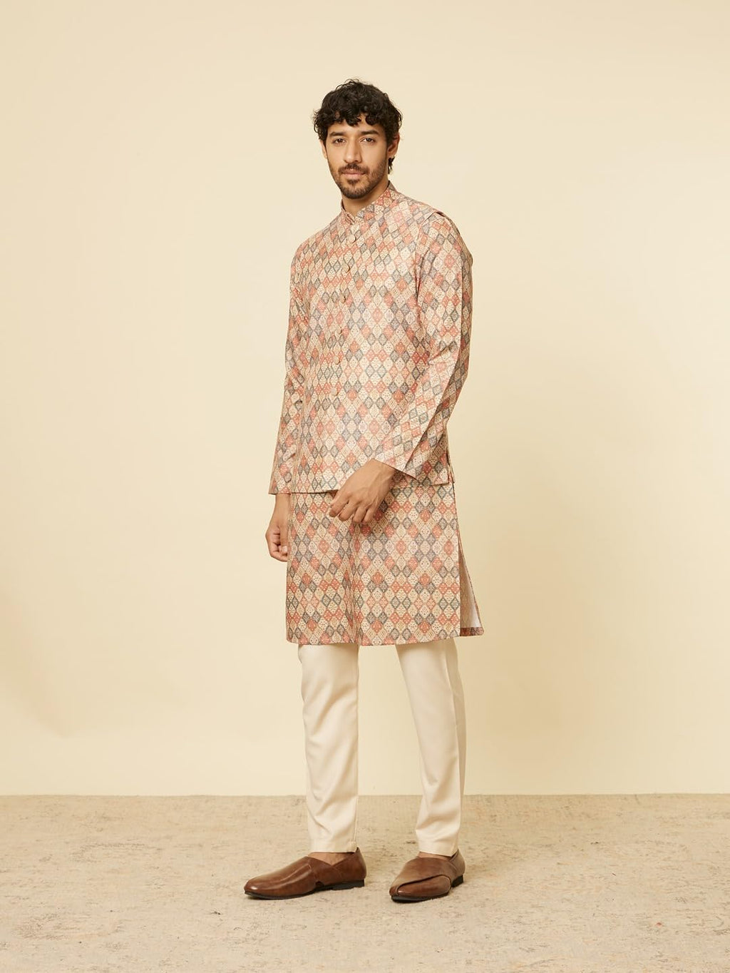 Manyavar Mens Beige Blended Viscose Printed Jackets