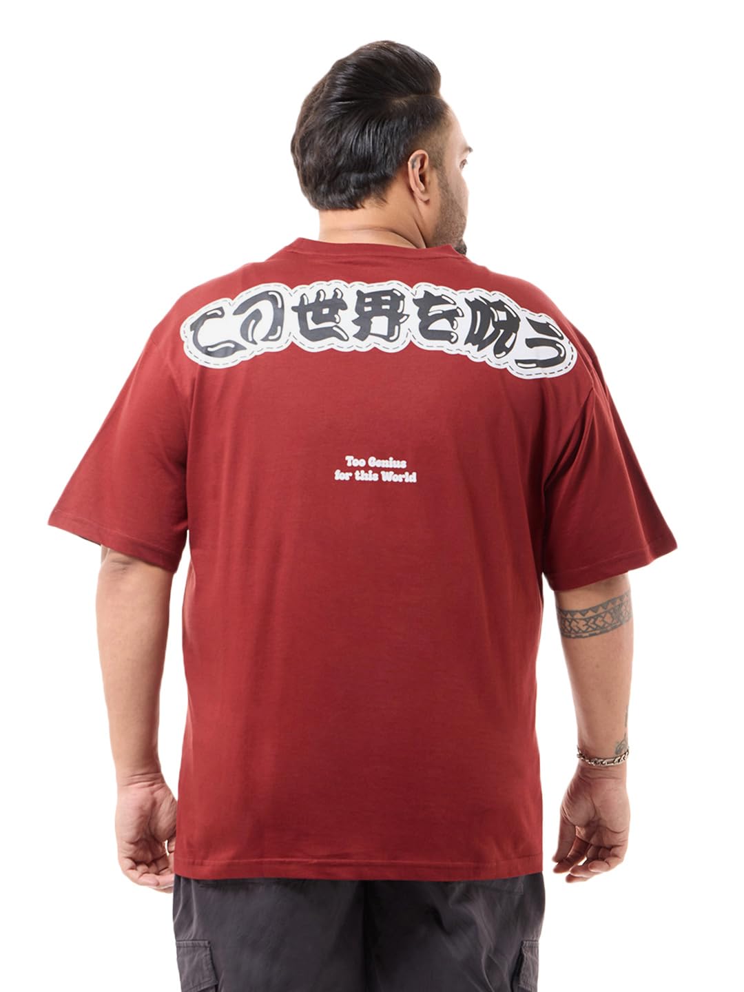 Bewakoof Mens Typography Print Oversized Fit Half Sleeve Round Neck Cotton Jersey Plus Size T-Shirt_637370_Red_3XL