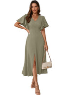 Shasmi Girls & Womens Pista Pleated Midi Dress with Flutter Sleeves | V-Neck Western Dress for Women | Elegant A-Line Summer O