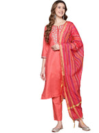 Anubhutee Women'S Cotton Coral Floral Embroidered Straight Kurta Suit Set With Pants And Dupatta
