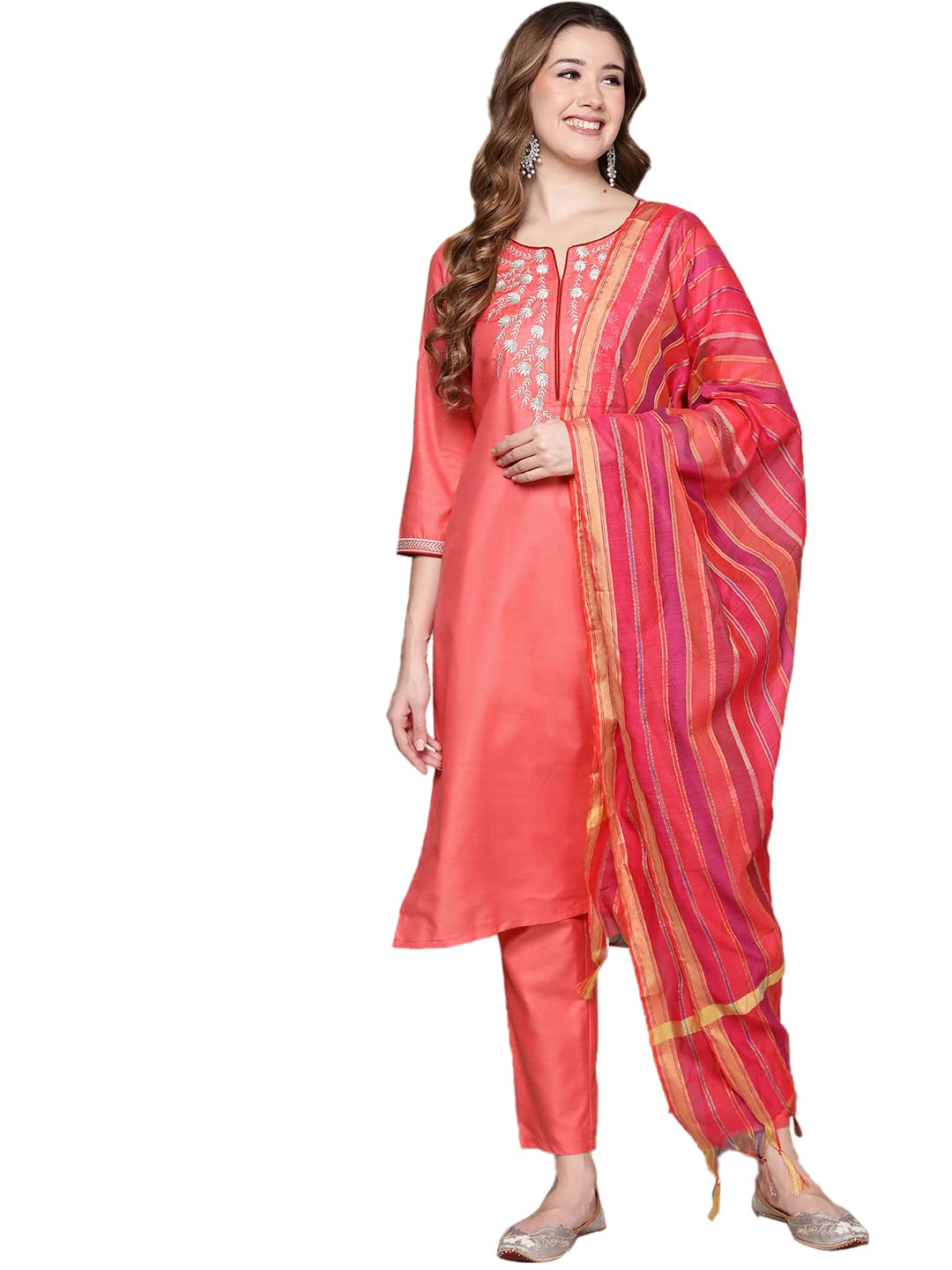 Anubhutee Women'S Cotton Coral Floral Embroidered Straight Kurta Suit Set With Pants And Dupatta
