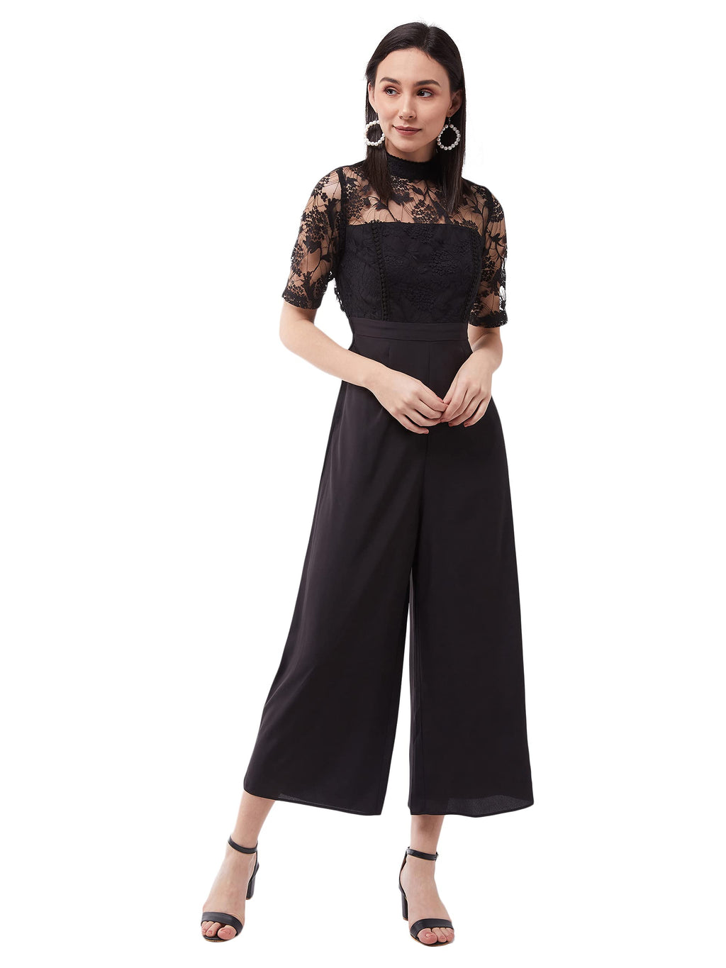 Miss Chase Womens Black Floral Printed Crepe Regular Fit Polo Neck Short Sleeve Regular Length Jumpsuit (MCSS25D93-84-380-02, J