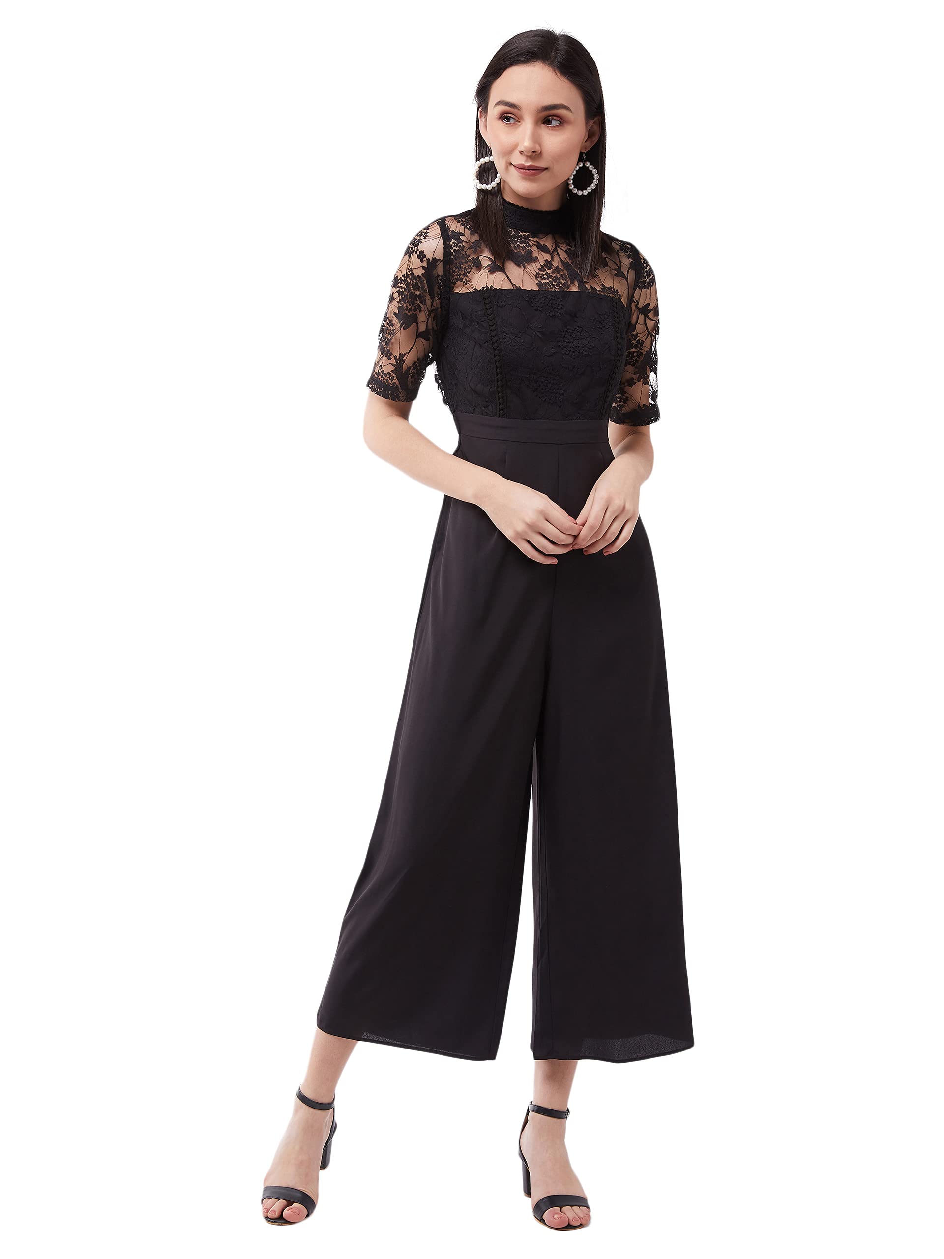 Miss Chase Womens Floral Printed Polo Neck Short Sleeve Regular Length Jumpsuit (MCSS24D97-43-62-02, Black, XS)