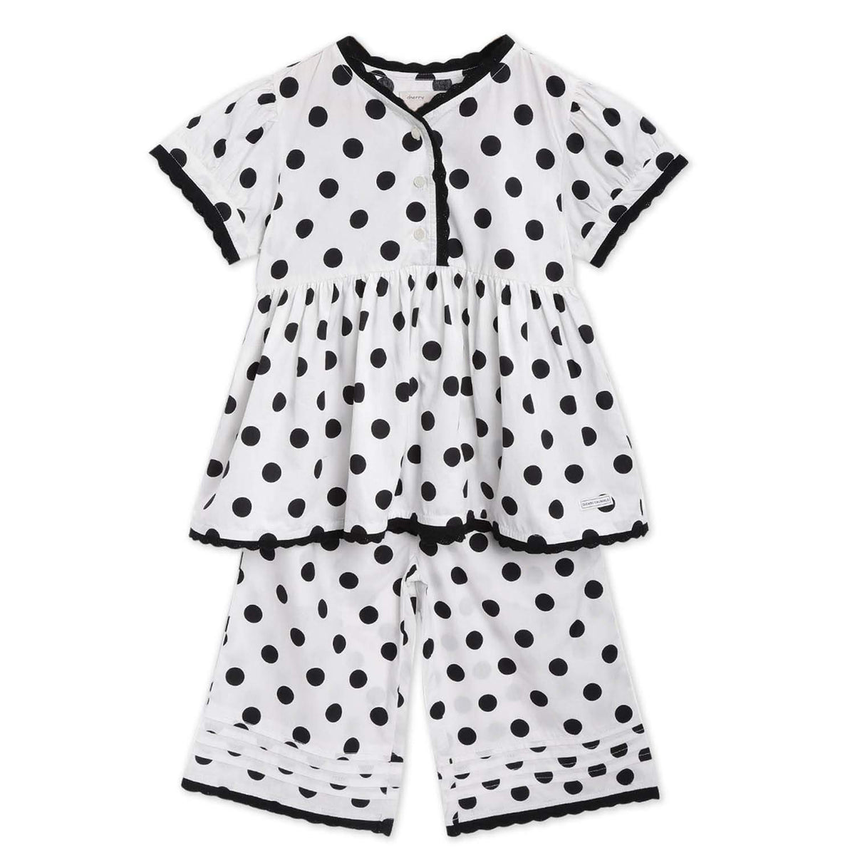 Cherry Crumble White Polka Dot 100% Cotton Half Sleeves V Collar Night Wear Regular Fit Summer Nightsuit for Girls 18-24